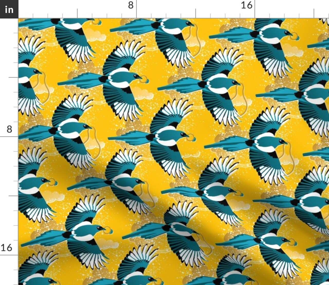 Retro Birds Vintage Style Modern Teal Blue Gold Pirate Bold Bright Bird Custom Printed Fabric by Spoonflower Various Fabrics by the Yard or Fat Quarter